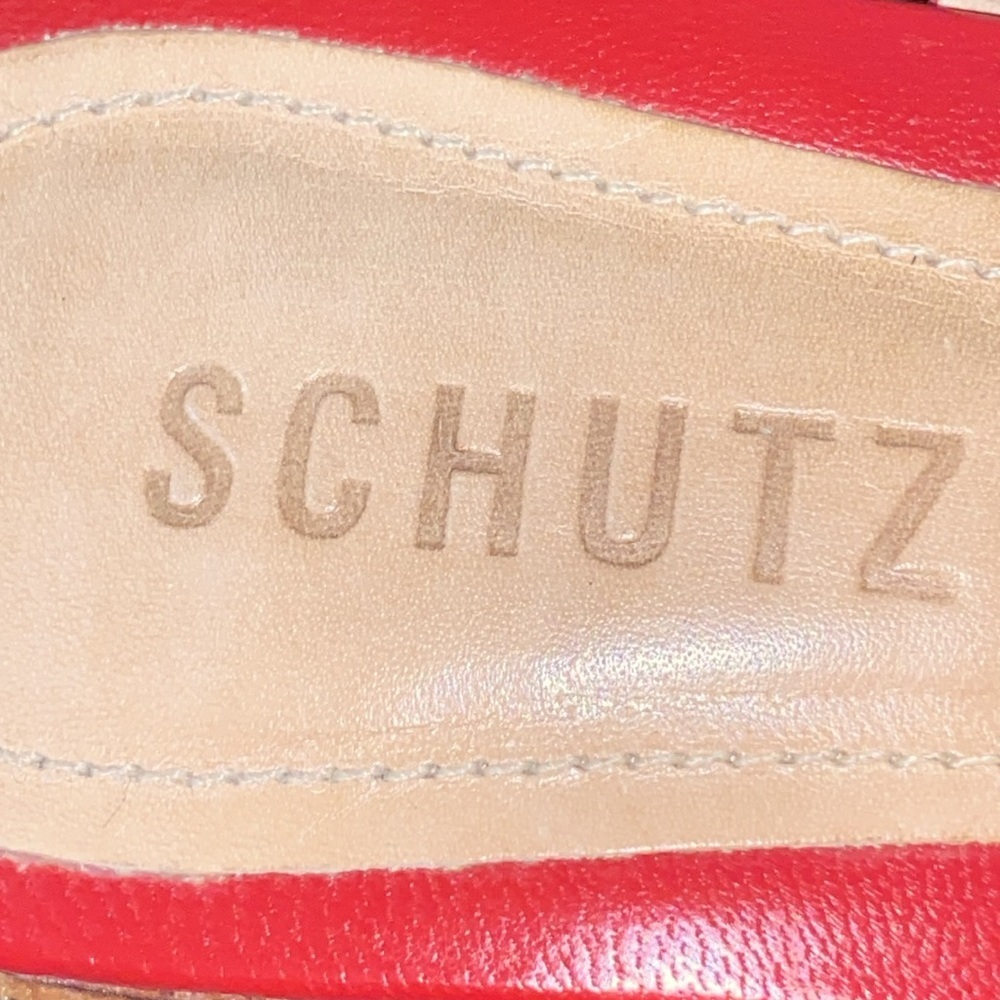 SCHUTZ WO SIZE 8/8.5(EU39) RED LEATHER STRAP SANDAL ANKLE TOE STRAP CHAIN ACCENT - Picture 2 of 14